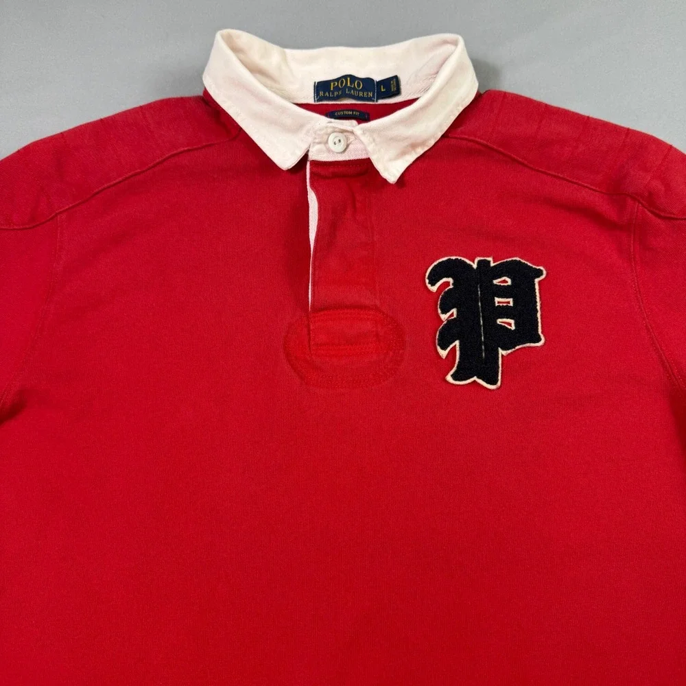 Polo Ralph Lauren Rugby Shirt Mens Large Red Custom Fit 67 Patch Long Sleeve